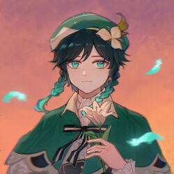 Rule 34 | 1boy, aqua eyes, aqua hair, beret, black hair, black ribbon, braid, buttons, capelet, closed mouth, collared capelet, falling feathers, feathers, flower, frilled sleeves, frills, genshin impact, gradient background, gradient hair, green capelet, green hat, hand up, hat, hat flower, highres, hilda dewitt, holding, holding flower, leaf hat ornament, lily (flower), long sleeves, male focus, medium hair, multicolored hair, neck ribbon, portrait, ribbon, shirt, solo, striped ribbon, swept bangs, twin braids, venti (genshin impact), white flower, white shirt