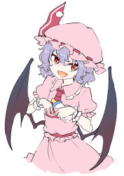 Rule 34 | 1girl, ascot, bat wings, black wings, collared shirt, deetamu, fang, frilled shirt collar, frilled sleeves, frills, hair between eyes, hat, hat ribbon, highres, mob cap, open mouth, pink hat, pink shirt, pink skirt, purple hair, red ascot, red eyes, red ribbon, remilia scarlet, ribbon, shirt, short hair, short sleeves, simple background, skirt, smile, solo, touhou, white background, wings