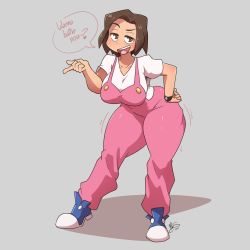 Rule 34 | 1girl, absurdres, amazake arika, breasts, brown eyes, full body, highres, hime cut, large breasts, looking at viewer, medarot, open mouth, ryou sakai, shoes, short hair, smile, sneakers, solo, standing, tagme, thick thighs, thighs