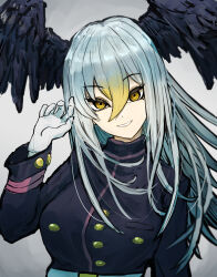 Rule 34 | 1girl, absurdres, adeshi (adeshi0693119), bald eagle (kemono friends), belt, bird girl, bird wings, black wings, blonde hair, feathered wings, gloves, grey hair, head wings, highres, jacket, kemono friends, long hair, looking at viewer, multicolored hair, simple background, solo, two-tone hair, upper body, wings, yellow eyes