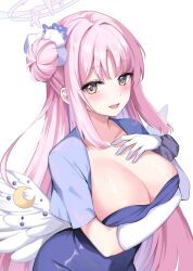 Rule 34 | 1girl, alternate costume, blue archive, blue dress, breasts, cleavage, dress, feathers, gloves, hair bun, hair ornament, hair scrunchie, halo, hand on own chest, konka, large breasts, long hair, looking at viewer, low wings, mika (blue archive), open mouth, pink hair, scrunchie, sidelocks, simple background, single side bun, smile, solo, upper body, white background, white gloves, white wings, wing ornament, wings, wrist scrunchie, yellow eyes