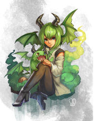 Rule 34 | 1girl, blue eyes, boots, brown pantyhose, commentary, copyright request, creature, detached sleeves, grass, green hair, hand fan, head wings, heterochromia, high heel boots, high heels, highres, horns, long sleeves, looking at viewer, pantyhose, sa-dui, short hair, signature, sitting, smile, wings, yellow eyes