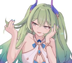 Rule 34 | 1girl, :d, bare arms, bare shoulders, blue nails, breasts, commentary request, dress, green hair, hair between eyes, hand up, highres, honkai (series), honkai impact 3rd, horns, long hair, looking away, looking to the side, medium breasts, mobius (daughter of corals) (honkai impact), mobius (honkai impact), nail polish, open mouth, purple nails, rena ( rrena), signature, simple background, sleeveless, sleeveless dress, smile, solo, two side up, very long hair, white background, white dress