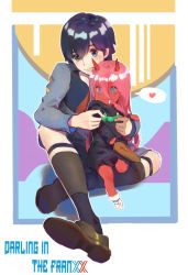 Rule 34 | 10s, 1boy, 1girl, atianshi, bandaged foot, bandages, black cloak, black hair, blue eyes, brown footwear, candy, cloak, colored sclera, colored skin, commentary request, couple, crossed legs, darling in the franxx, food, fringe trim, green eyes, hetero, hiro (darling in the franxx), holding, holding candy, holding food, hood, hooded cloak, horns, in mouth, long hair, military, military uniform, necktie, oni horns, parka, pink hair, red horns, red neckwear, red pupils, red sclera, red skin, shoes, short hair, sitting, sitting on lap, sitting on person, socks, uniform, aged down, zero two (darling in the franxx)