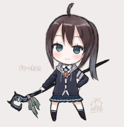 Rule 34 | 1girl, ahoge, bad id, bad pixiv id, black jacket, black socks, blue eyes, blue skirt, blush, brown footwear, brown hair, capriccio, chibi, closed mouth, collared shirt, commentary request, copyright request, dated, drawstring, full body, grey background, hand on own hip, holding, holding staff, hood, hood down, hooded jacket, indie virtual youtuber, jacket, kneehighs, long hair, long sleeves, looking at viewer, pleated skirt, shirt, side ponytail, signature, simple background, skirt, smile, socks, solo, staff, standing, virtual youtuber, white shirt