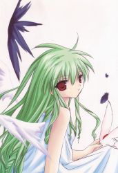 Rule 34 | 00s, 1girl, animal, galaxy angel, green hair, highres, long hair, looking at viewer, pet, red eyes, simple background, solo, tagme, vanilla h, white background, wings