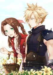 Rule 34 | 1boy, 1girl, aerith gainsborough, aqua eyes, armor, bandaged arm, bandages, bangle, basket, belt, blonde hair, blue pants, blue shirt, bracelet, braid, braided ponytail, breasts, brown belt, brown hair, buster sword, choker, cleavage, closed mouth, cloud strife, cropped jacket, dress, earrings, falling petals, field, final fantasy, final fantasy vii, final fantasy vii remake, flower, flower basket, flower choker, flower field, green eyes, hair between eyes, hair ribbon, holding, holding basket, jacket, jewelry, leaning forward, lily (flower), long hair, medium breasts, multiple belts, open mouth, outdoors, pants, parted bangs, petals, pink dress, pink ribbon, red jacket, ribbon, saklo, shirt, short hair, shoulder armor, sidelocks, single bare shoulder, single earring, sleeveless, sleeveless turtleneck, small breasts, smile, spiked hair, suspenders, toned, toned male, turtleneck, upper body, wavy hair, weapon, weapon on back, white flower, yellow flower