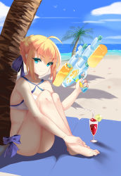 Rule 34 | 1girl, ahoge, artoria pendragon (all), artoria pendragon (fate), artoria pendragon (swimsuit archer) (first ascension) (fate), bare shoulders, beach, bikini, blonde hair, blue eyes, blue sky, breasts, day, fate (series), full body, holding, holding water gun, looking at viewer, medium breasts, outdoors, palm tree, saber (fate), sitting, sky, smile, solo, swimsuit, tree, water gun, yakumocc