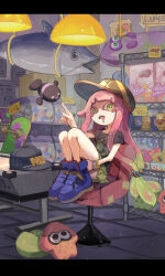 Rule 34 | 1girl, baseball cap, black hat, black shirt, blue footwear, blunt bangs, box, bracelet, chair, clownfish, colored eyelashes, commentary request, cup, drooling, eyelashes, figure, fish, gashapon, gradient hair, green eyes, green hair, green skirt, hand up, hanging light, harmony&#039;s clownfish (splatoon), harmony (splatoon), hat, high tops, highres, index finger raised, indoors, jewelry, knees up, letterboxed, long hair, looking at viewer, miniskirt, multicolored hair, nintendo, okaranko, open mouth, paper, pink hair, pleated skirt, poster (object), print shirt, shelf, shirt, shoes, short sleeves, sidelocks, sitting, skateboard, skirt, sneakers, solo, splatoon (series), splatoon 3, striped clothes, striped headwear, stuffed animal, stuffed toy, swivel chair, t-shirt, table, teeth, tentacle hair, tile floor, tiles, toy, upper teeth only, very long hair