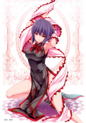 Rule 34 | 1girl, absurdres, alternate costume, armpits, arms up, bare shoulders, black dress, bow, bowtie, breasts, china dress, chinese clothes, dress, feet out of frame, frilled shawl, frills, hair between eyes, head tilt, highres, large breasts, lips, looking at viewer, monety, nagae iku, no headwear, no panties, parted lips, pelvic curtain, pink lips, purple hair, red bow, red bowtie, red eyes, ribbon, scan, shawl, short hair, side slit, sidelocks, smile, solo, thighs, touhou, translation request, white background
