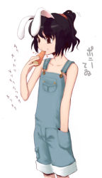 Rule 34 | 1girl, 7c, alternate hairstyle, animal ears, carrot, casual, female focus, flat chest, hand in pocket, inaba tewi, naked overalls, overall shorts, overalls, ponytail, pun, rabbit ears, solo, suspenders, touhou