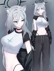 1girl absurdres alternate_costume animal_ear_fluff animal_ears aoi_riko black_choker black_jacket black_panties blue_archive breasts casual choker cropped_shirt grey_background grey_hair hair_between_eyes halo hands_in_pockets highleg highleg_panties highres jacket jacket_partially_removed large_breasts looking_at_viewer looking_to_the_side midriff mismatched_pupils multiple_views navel panties pants panty_straps raglan_sleeves shiroko_(blue_archive) shiroko_terror_(blue_archive) simple_background stomach track_pants underwear wolf_ears