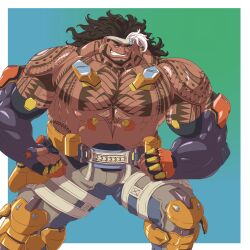 Rule 34 | 1boy, abs, absurdres, bara, beard, black hair, bulge, chest tattoo, dark-skinned male, dark skin, earrings, elbow gloves, full beard, gloves, grin, headband, highres, huge pectorals, jewelry, legs apart, looking at viewer, male focus, mature male, mauga (overwatch), minatsumi, muscular, muscular male, navel, nipples, overwatch, overwatch 2, smile, solo, standing, stomach, strongman waist, tattoo, thick eyebrows, topless male, tribal tattoo