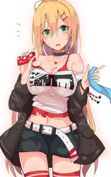 Rule 34 | 1girl, alternate hairstyle, bare shoulders, belt, blonde hair, blue nails, breasts, cellphone, cevio, hair down, highres, holding, holding phone, holding ribbon, jacket, jewelry, kujira hebi, large breasts, long hair, midriff, navel, necklace, off-shoulder shirt, off shoulder, open clothes, open jacket, open mouth, phone, ribbon, shirt, short shorts, shorts, smartphone, solo, sweat, tsurumaki maki, voiceroid, white belt