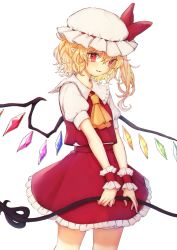 Rule 34 | 1girl, ascot, bad id, bad pixiv id, blonde hair, bow, commentary, cowboy shot, crystal, flandre scarlet, frilled shirt collar, frills, hair between eyes, hat, hat bow, highres, holding, honotai, laevatein, long hair, looking at viewer, miniskirt, mob cap, one side up, parted lips, petticoat, pointy ears, puffy short sleeves, puffy sleeves, red bow, red eyes, red skirt, red vest, shirt, short sleeves, simple background, skirt, skirt set, smile, solo, standing, touhou, vest, white background, white hat, white shirt, wings, wrist cuffs, yellow ascot