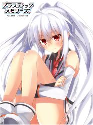 Rule 34 | 10s, 1girl, ahoge, bad id, bad pixiv id, bare shoulders, blush, boots, copyright name, detached sleeves, employee uniform, isla (plastic memories), knees up, komori kuzuyu, legs together, long hair, necktie, plastic memories, red eyes, silver hair, smile, solo, thighs, twintails, uniform, white background