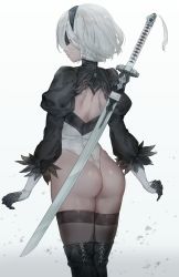 Rule 34 | 1girl, absurdres, ass, black gloves, black thighhighs, blindfold, bob cut, boots, free style (yohan1754), from behind, gloves, gradient background, hairband, highres, juliet sleeves, leotard, long sleeves, mole, mole under mouth, nier (series), nier:automata, no pants, puffy sleeves, short hair, shoulder blades, silver hair, simple background, solo, sword, thigh boots, thighhighs, weapon, 2b (nier:automata)