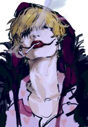 Rule 34 | 1boy, ao 6336, black cape, blonde hair, cape, cigarette, commentary, donquixote rocinante, feather cape, highres, hood, looking at viewer, makeup, male focus, one piece, parted lips, pink shirt, red lips, shirt, short hair, simple background, smoke, solo, upper body, white background