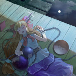 Rule 34 | 1girl, belt, belt chain, blue skirt, blush, bow, bowtie, buttons, chain, closed eyes, cloud, collared shirt, cuffs, cup, fang, feet out of frame, full moon, gourd, hair bow, highres, horn bow, horn ornament, horn ribbon, horns, ibuki suika, long hair, low-tied long hair, lying, matumasima, moon, night, ofuda, on back, oni, open mouth, orange hair, porch, purple ribbon, pyramid (geometry), red bow, red bowtie, reflection, ribbon, ribbon-trimmed skirt, ribbon trim, sakazuki, shirt, sidelocks, skirt, sleeping, sleeveless, sleeveless shirt, solo, stepping stones, touhou, very long hair, water, white bow, white ribbon, white shirt, wooden floor, wrist cuffs