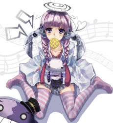 Rule 34 | 10s, 1girl, bad id, bad pixiv id, beamed quavers, braid, bread, character request, divine gate, food, food in mouth, highres, looking at viewer, melon bread, minutachi, mouth hold, musical note, purple eyes, purple hair, quaver, sitting, staff (music), twin braids, wariza