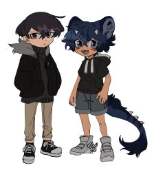 Rule 34 | 2boys, animal ears, artist name, black footwear, black hair, black jacket, black sweater, blue eyes, blue hair, brown pants, child, closed mouth, commentary, deviidog0, english commentary, fangs, full body, fur-tipped tail, fur collar, grey footwear, grey shorts, hands in pockets, highres, hood, hood down, hooded jacket, horns, jacket, looking at viewer, male focus, multiple boys, open mouth, original, pants, purple eyes, shoes, short-sleeved jacket, short eyebrows, short hair, short sleeves, shorts, simple background, small horns, sneakers, spiked tail, standing, sweater, tail, turtleneck, turtleneck sweater, twintails, very short hair, white background