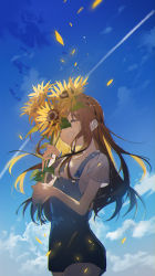 Rule 34 | 1girl, absurdres, blue sky, brown hair, cloud, commentary, contrail, cowboy shot, closed eyes, falling petals, flower, grin, hands up, highres, holding, holding flower, huge filesize, long hair, omutatsu, original, overalls, petals, shirt, short sleeves, sky, smile, solo, sunflower, t-shirt, white shirt