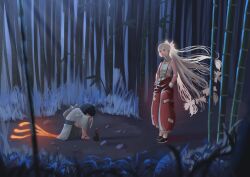 Rule 34 | 2girls, absurdres, bamboo, bamboo forest, black hair, black pants, bow, closed mouth, cowering, fiery tail, forest, fujiwara no mokou, fujiwara no mokou (young), full body, grass, hair bow, hands in pockets, highres, japanese clothes, kimono, long hair, looking at viewer, multiple girls, nature, ofuda, ofuda on clothes, outdoors, pants, red eyes, red pants, shirt, short hair, sleeveless, sleeveless shirt, standing, suspenders, sweet reverie, tail, touhou, white hair, white kimono, white shirt