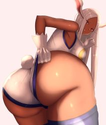 Rule 34 | 1girl, absurdres, adjusting clothes, animal ears, ass, ass focus, bare shoulders, boku no hero academia, breasts, dark-skinned female, dark skin, eyelashes, from behind, gloves, highres, huge ass, large breasts, leotard, long hair, looking at viewer, looking back, mirko, parted lips, rabbit ears, rabbit girl, rabbit tail, red eyes, rocklow, smile, solo, tail, thick thighs, thighhighs, thighs, white background, white gloves, white hair
