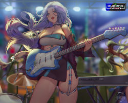 Rule 34 | 1girl, aqua eyes, bare shoulders, breasts, choker, cleavage, collar, crop top, drum, drum set, guitar, highres, instrument, large breasts, microphone, music, navel, original, piano, playing instrument, plectrum, purple hair, rock band, see-through, skindentation, skirt, sleeveless, stage, stage lights, subong, thick thighs, thigh strap, thighs