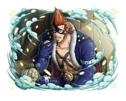 Rule 34 | 1boy, abs, cape, den den mushi, facial hair, fur trim, hat, holding, holding phone, jacket, long sleeves, male focus, mask, muscular, muscular male, official art, one piece, one piece treasure cruise, open clothes, open jacket, open mouth, orange hair, pants, phone, sitting, talking on phone, tattoo, x drake