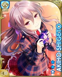 Rule 34 | 1girl, blazer, blue coat, blue jacket, bow, breasts, card (medium), character name, closed mouth, coat, evening, female focus, gift, girlfriend (kari), grey hair, jacket, long hair, necktie, official art, outdoors, plaid, plaid coat, plaid skirt, purple bow, qp:flapper, red neckwear, red skirt, school, school uniform, shigeto akiho, shirt, shoes, skirt, smile, socks, standing, sunset, tagme, white shirt, winter clothes, winter coat