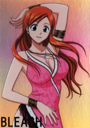Rule 34 | 00s, bleach, breasts, cleavage, highres, inoue orihime, jewelry, large breasts, long hair, necklace, official art, orange hair
