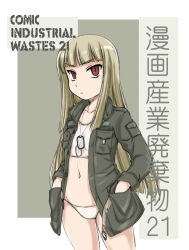 Rule 34 | 1girl, belt, blonde hair, blunt bangs, bra, cowboy shot, dog tags, flat chest, grete m. gollob, hands in pockets, highres, jacket, long hair, long sleeves, looking at viewer, military, military uniform, navel, no pants, open belt, open clothes, open jacket, panties, red eyes, solo, standing, strike witches, training bra, underwear, uniform, wan&#039;yan aguda, white bra, white panties, world witches series