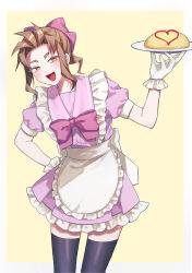 Rule 34 | 1girl, :3, absurdres, alternate costume, apron, arm behind back, black thighhighs, blush, border, bow, bowtie, brown eyes, brown hair, dress, feet out of frame, food, forehead, frilled apron, frills, gloves, hair bow, hand up, highres, holding, holding plate, leaning forward, looking at viewer, nico (this communication), nishi no chigo, omelet, omurice, open mouth, outside border, pink bow, pink bowtie, pink dress, pink sailor collar, plate, puffy short sleeves, puffy sleeves, sailor collar, short dress, short ponytail, short sleeves, sidelocks, simple background, smile, solo, standing, thick eyebrows, thighhighs, this communication, waitress, white border, white gloves, yellow background