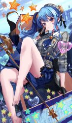 Rule 34 | 1girl, ascot, bare legs, barefoot, belt, beret, black gloves, blue ascot, blue belt, blue choker, blue eyes, blue hair, blue sky, brooch, choker, closed mouth, cloud, crown, day, dress, feet, floating hair, foot out of frame, frills, gloves, hair ribbon, halberd, hand up, hat, heart, highres, hololive, hoshimachi suisei, jewelry, knee up, legs, long hair, looking at viewer, mini crown, nail polish, outdoors, partially fingerless gloves, plaid, plaid dress, plaid headwear, polearm, ribbon, side ponytail, sidelocks, sitting, sky, smile, solo, star (symbol), star in eye, symbol in eye, thighs, toenail polish, toenails, toes, virtual youtuber, w, wavy hair, weapon, yusuke (shiota)