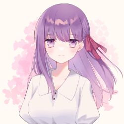 Rule 34 | 1girl, blush, closed mouth, collared shirt, commentary, fate/stay night, fate (series), hair ribbon, highres, long hair, looking at viewer, matou sakura, pink background, puffy short sleeves, puffy sleeves, purple eyes, purple hair, red ribbon, ribbon, shichishino, shirt, short sleeves, simple background, smile, solo, straight-on, two-tone background, upper body, watercolor background, white background, white shirt
