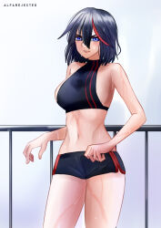 Rule 34 | 1girl, absurdres, alfarejected, arms at sides, bare shoulders, black hair, blue eyes, blush, breasts, frown, hair between eyes, highres, kill la kill, looking at viewer, matoi ryuuko, medium breasts, multicolored hair, navel, panties, parted lips, railing, short hair, short shorts, shorts, sideboob, signature, simple background, stomach, streaked hair, sweat, thighs, trigger (company), two-tone hair, underwear, wet, wet hair