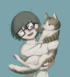 Rule 34 | 1boy, :d, ^ ^, animal, animal focus, avogado6, black-framed eyewear, blue background, cat, closed eyes, collared shirt, facing viewer, glasses, happy, head tilt, holding, holding animal, holding cat, male focus, messy hair, muted color, no nose, open mouth, original, shirt, short sleeves, simple background, smile, upper body, white shirt, wing collar, |d