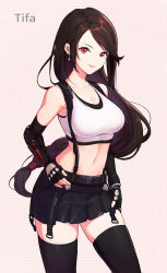 Rule 34 | 1girl, absurdres, armpits, bare shoulders, belt, black belt, black skirt, black sports bra, black thighhighs, breasts, brown hair, character name, cleavage, collarbone, commentary request, cowboy shot, crop top, earrings, elbow gloves, elbow pads, final fantasy, final fantasy vii, final fantasy vii remake, fingerless gloves, gauntlets, gloves, hand on own hip, highres, jewelry, large breasts, lis zhu long, long hair, looking at viewer, low-tied long hair, midriff, navel, pink background, pleated skirt, red eyes, sidelocks, simple background, skindentation, skirt, smile, solo, sports bra, standing, suspender skirt, suspenders, swept bangs, tank top, thighhighs, tifa lockhart, white tank top, zettai ryouiki