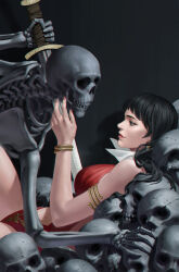 Rule 34 | 1girl, 1other, black hair, breasts, clothing cutout, collar, earrings, gold bracelet, highres, holding, holding sword, holding weapon, jewelry, large breasts, long hair, looking at another, lying, navel cutout, on back, one-piece swimsuit, red one-piece swimsuit, skeleton, skull, swimsuit, sword, vampirella, vampirella (character), weapon, white collar, yoon junggeun