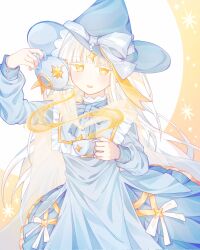 Rule 34 | 1girl, blue dress, cup, dress, hat, highres, holding, holding cup, long hair, myolol, original, smile, solo, white hair, witch hat, yellow eyes