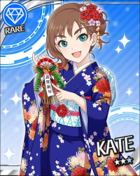 Rule 34 | 10s, 1girl, alternate hairstyle, aqua eyes, artist request, blue background, brown hair, card (medium), character name, gem (symbol), freckles, hair ornament, idolmaster, idolmaster cinderella girls, japanese clothes, kate (idolmaster), kimono, official art, solo, sparkle