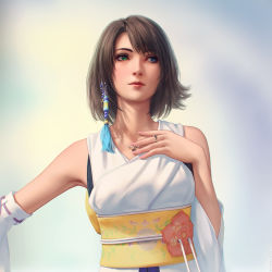 Rule 34 | 1girl, blue eyes, detached sleeves, final fantasy, final fantasy x, floral print, green eyes, hair ornament, hand on own chest, heterochromia, highres, jewelry, looking to the side, miura-n315, necklace, obi, ring, sash, short hair, solo, square enix, upper body, wide sleeves, yuna (ff10)