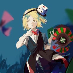 Rule 34 | 1other, androgynous, black skirt, black vest, blonde hair, card, closed mouth, commentary request, cowboy shot, dice hair ornament, finger to own chin, hair ornament, heinrich (fernanderuddle), highres, holding, holding card, len&#039;en, other focus, puffy short sleeves, puffy sleeves, roulette table, shirt, short hair, short sleeves, sketch, skirt, solo, table, vest, white shirt, white wrist cuffs, wrist cuffs, xeno a, yellow eyes