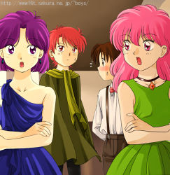 Rule 34 | 1990s (style), 2boys, 2girls, :o, akazukin chacha, bare arms, bare shoulders, blue dress, blush, bow, bowtie, brown eyes, brown hair, brown pants, closed mouth, collared shirt, crossed arms, dress, earrings, formal, green dress, indoors, jewelry, long hair, long sleeves, looking at another, marin (marine-sky-earth), multiple boys, multiple girls, neck, necklace, open mouth, overalls, pants, pink eyes, pink hair, popy, purple eyes, purple hair, red bow, red eyes, red hair, red neckwear, retro artstyle, shirt, short hair, standing, suit, sweatdrop, white shirt, yakko