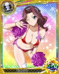 Rule 34 | 10s, 1girl, artist request, blue eyes, bracelet, breasts, brown hair, burent, card (medium), character name, checkered background, cheerleader, chess piece, covered erect nipples, gradient background, high school dxd, jewelry, large breasts, midriff, official art, one eye closed, pawn (chess), pom pom (cheerleading), rainbow background, runes, solo, sparkle, thighhighs, torn clothes, torn thighhighs, trading card, white thighhighs