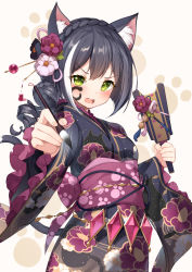 Rule 34 | 1girl, absurdres, animal ear fluff, animal ears, bison cangshu, black hair, black kimono, braid, breasts, cat ears, cat girl, cat tail, commentary request, crown braid, facepaint, floral print, flower, green eyes, hair bun, hair flower, hair ornament, hanetsuki, highres, holding, holding paintbrush, japanese clothes, karyl (new year) (princess connect!), karyl (princess connect!), kimono, long hair, long sleeves, multicolored hair, open mouth, paintbrush, pink flower, princess connect!, print kimono, purple flower, side bun, single hair bun, single side bun, small breasts, solo, streaked hair, tail, v-shaped eyebrows, wavy mouth, white hair, wide sleeves