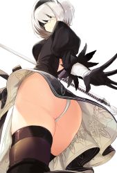 Rule 34 | 1girl, ass, back cutout, black dress, black hairband, black thighhighs, blindfold, boots, clothing cutout, dress, feather-trimmed sleeves, from below, hairband, highleg, highleg leotard, holding, holding sword, holding weapon, juliet sleeves, leotard, long sleeves, miruto netsuki, mole, mole under mouth, nier (series), nier:automata, outstretched hand, puffy sleeves, ribbed dress, silver hair, simple background, solo, sword, thighhighs, thighhighs under boots, thighs, vambraces, weapon, white background, white leotard, 2b (nier:automata)