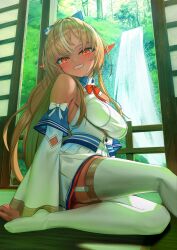 Rule 34 | 1girl, absurdres, blonde hair, breasts, dark-skinned female, dark skin, day, detached sleeves, feet, garter straps, grin, highres, hololive, indoors, large breasts, long hair, looking at viewer, multicolored hair, parted lips, pointy ears, ponytail, red eyes, shiranui flare, shiranui flare (1st costume), sitting, smile, solo, teeth, thighhighs, virtual youtuber, water, waterfall, white hair, white thighhighs, yama narashi