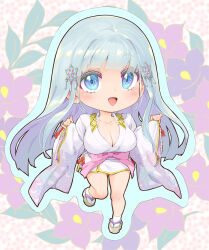 1girl bishoujo_mangekyou_(series) bishoujo_mangekyou_ibun:_yuki_onna blue_eyes blue_hair blush breasts chibi cleavage commentary_request full_body hair_ornament happoubi_jin japanese_clothes kimono large_breasts long_hair okobo open_mouth pink_sash sandals sash shirayuki_hime_(bishoujo_mangekyou) smile snowflake_hair_ornament solo standing standing_on_one_leg tabi white_kimono yuki_onna